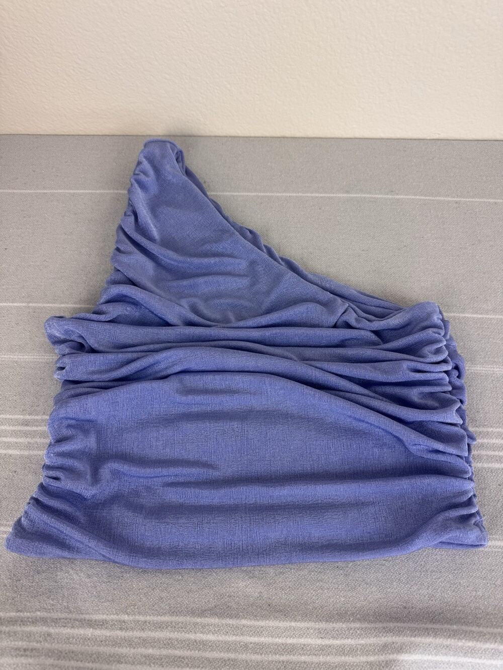 One Shoulder Slinky Shimmer Sleeveless Ruched Crop Top Tank Periwinkle Blue M